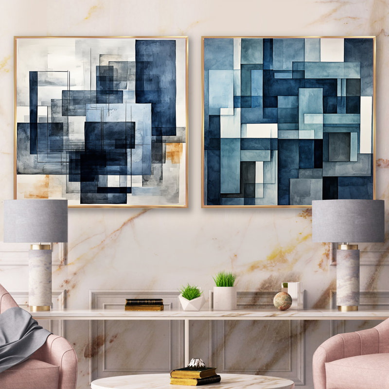 Cindye - Ensemble de 2 collages carrés à formes abstraites, Cadre flottant doré, H 16 po x l 33 po