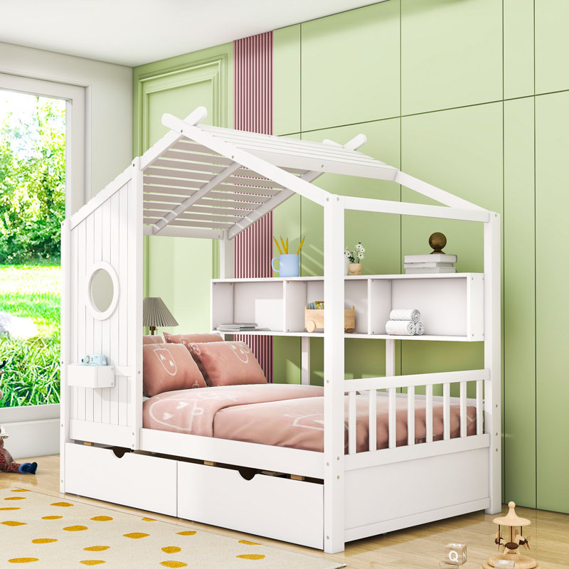 Lit plateforme en bois avec 2 tiroirs Alakai, Simple, Blanc