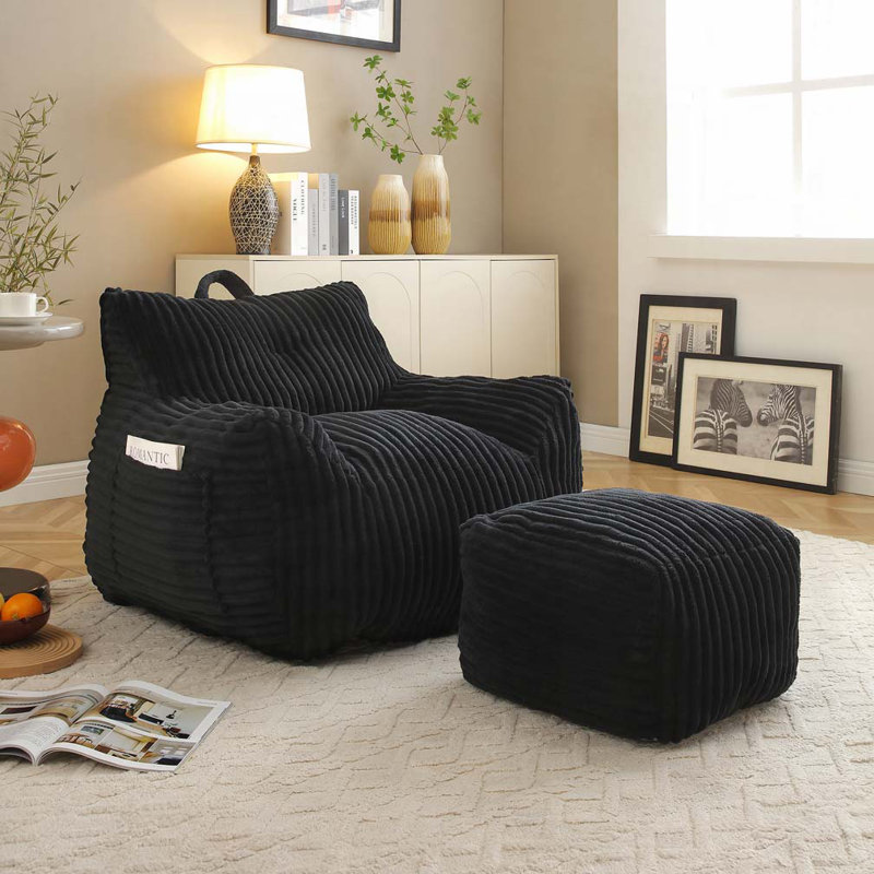 Fauteuil à billes avec repose-pieds Corduroy, Noir