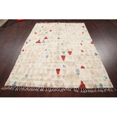 Tapis unique en laine noué à la main ivoire / bleu / rouge nouvel âge 5 pi 1 po x 7 pi 1 po