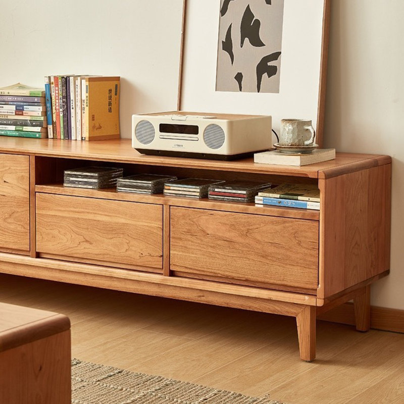 Meuble télé minimaliste en bois avec rangement et tablettes ouvertes, H 20,47 po x L 86,61 po x l 17,72 po