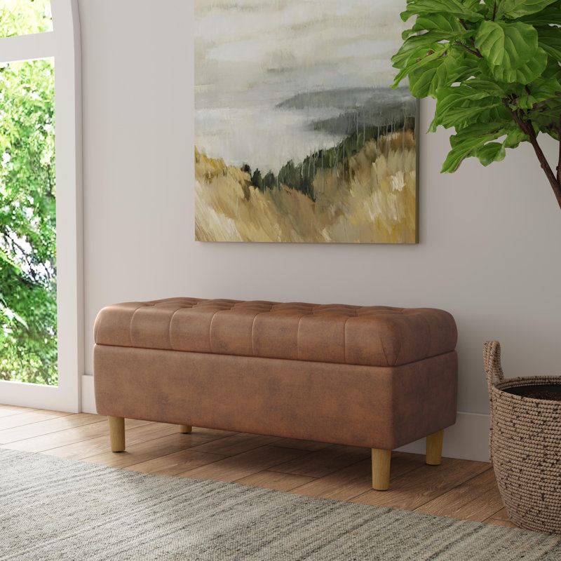 Rexfourd Faux Leather Upholstered Storage Bench, Brown Faux Leather