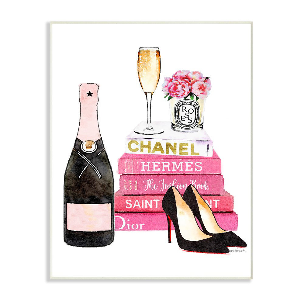 'Fashion on Book Champagne Heels and Flowers' Watercolor Painting Print House of Hampton® 