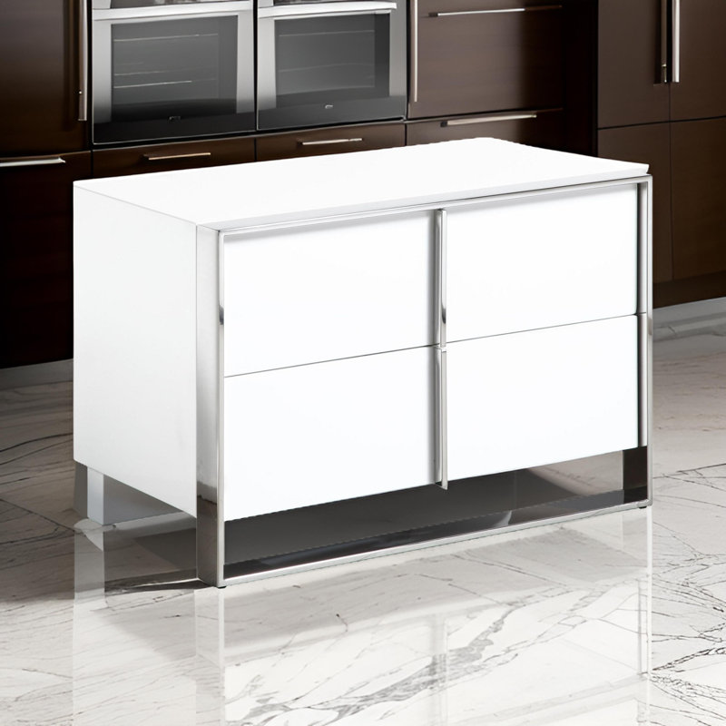 Table de chevet 28 po, blanc ultrabrillant, 2 tiroirs, poignées chromées élégantes