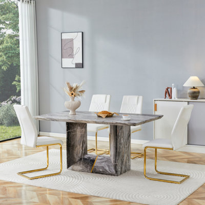 63'' Modern Dining Table Set For 4–6, Rectangular Faux Marble Table For Dining Room & Kitchen