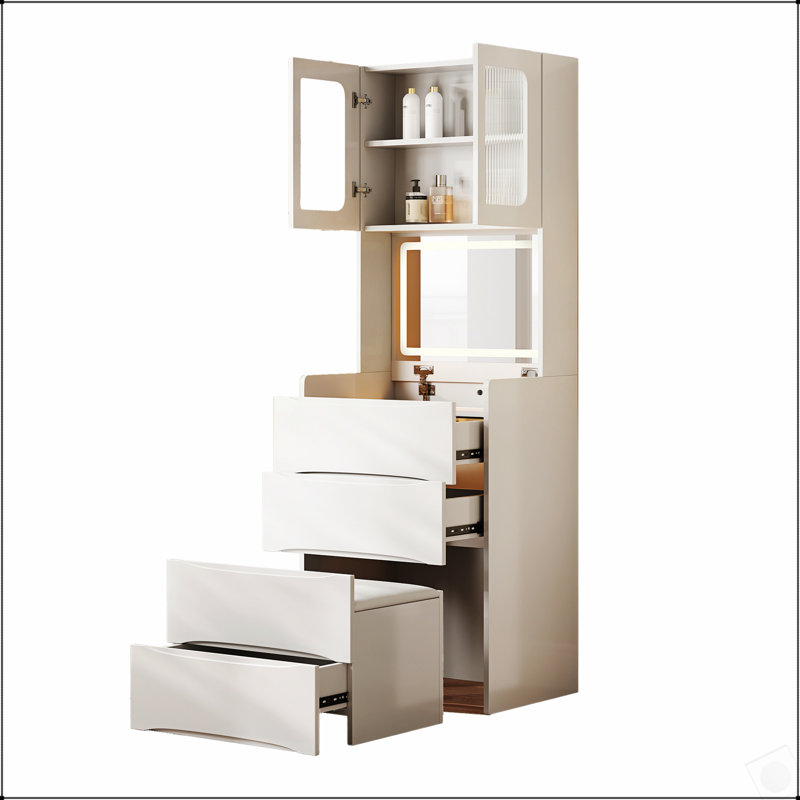 Table de coiffeuse 3 en 1 avec miroir à DEL et tabouret de rangement, lumières réglables et 5 espaces de rangement pour les cosmétiques et les bijoux