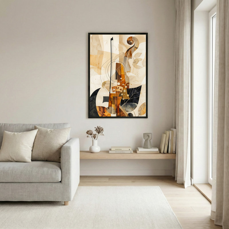 Toile noire encadrée en bois noir pour le salon, la chambre à coucher, le bureau ou le vestibule - Décoration murale décorative avec violon abstrait