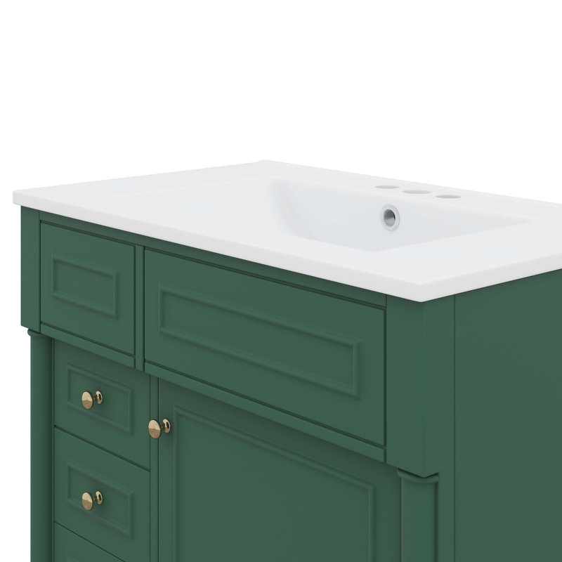 Meuble-lavabo 30 po avec meuble-lavabo moderne avec 2 tiroirs, 1 tablette ajustable et 1 porte à fermeture douce, Vert/doré