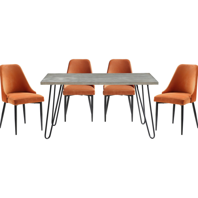 Élégante salle à manger 5 pièces - Table rectangulaire et 4 chaises d'appoint en velours orange, structure en métal, centre de table moderne pour