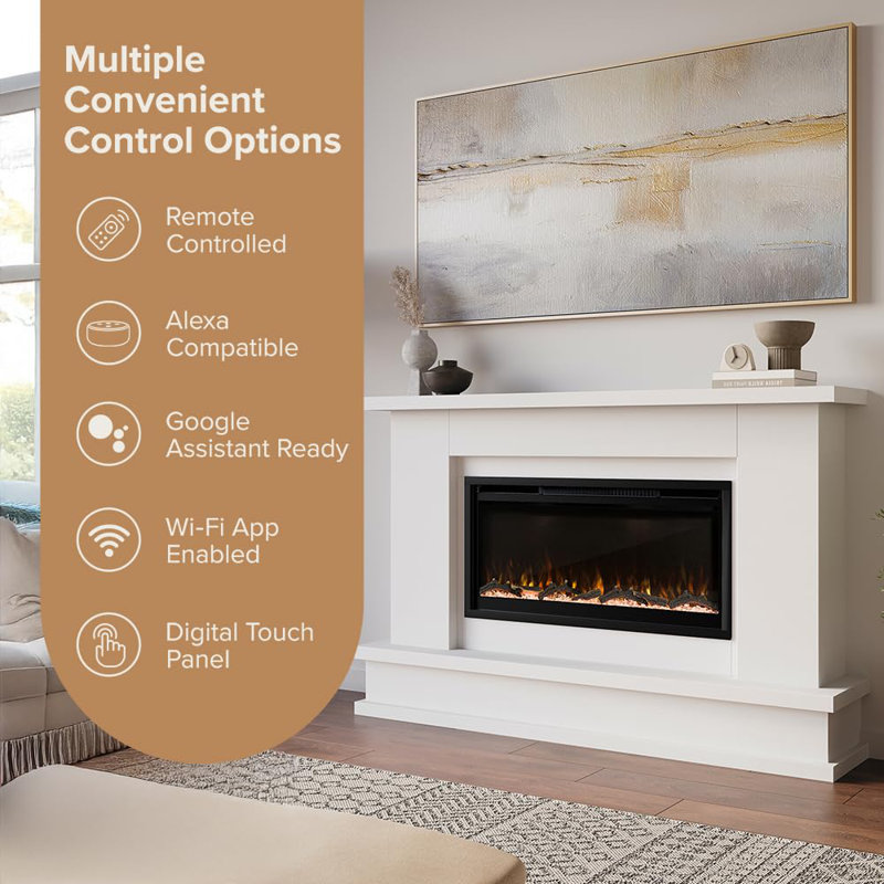 Modern Ember Patton 64" Mantel Package with 42" Electric Fireplace - Works w/ Alexa and Google Asst, White