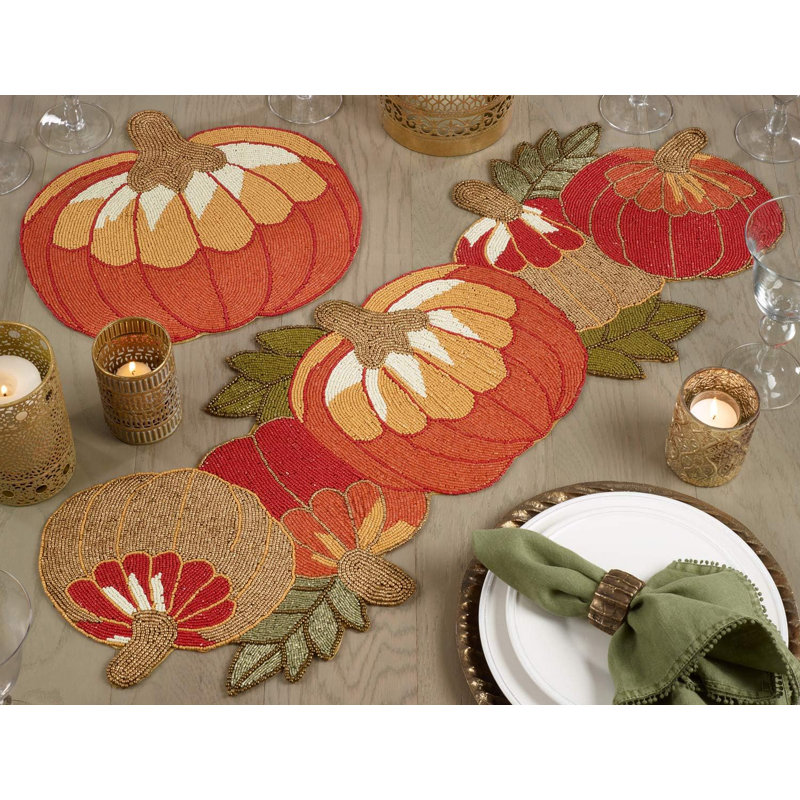 Festive Beaded Pumpkin Holiday Table Runner 13" W X 35" L