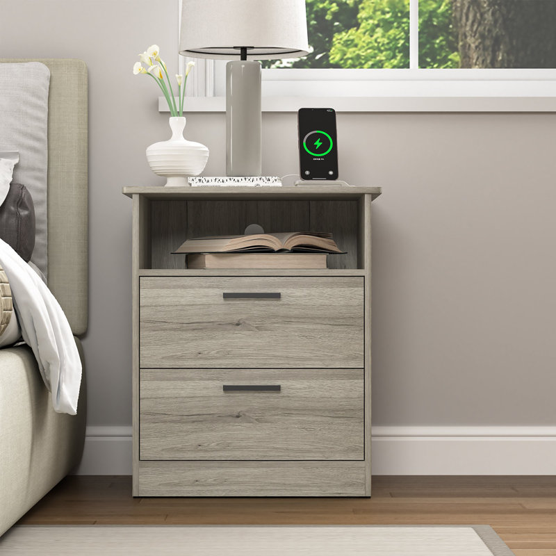 2 Drawers Nightstand With Charging Station, Gray