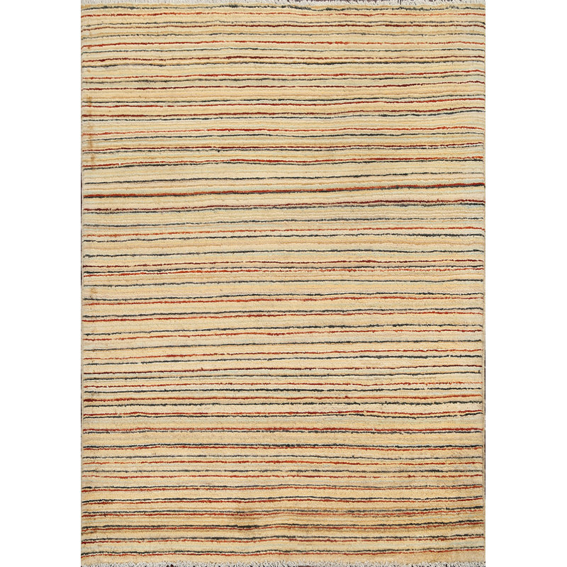 Tapis beige en laine noué à la main de conception unique 3 pi 5 po x 4 pi 6 po New Age
