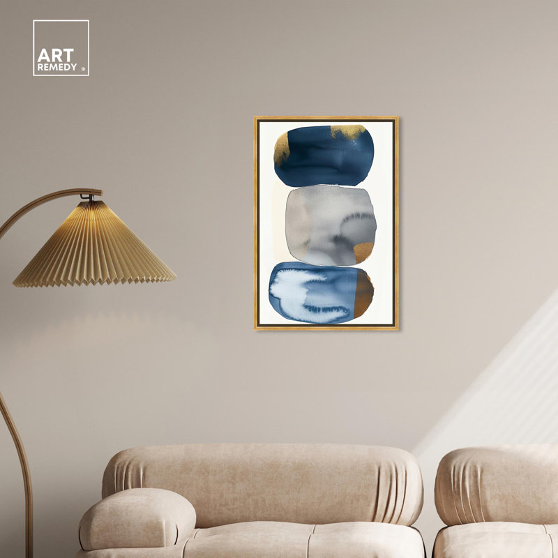 Blue and Gold Abstract Canvas Art with Gold Frame, 30" x 20"