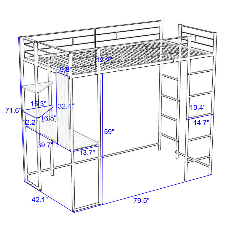 Lit mezzanine simple avec bureau et tablettes Rosina, Argent