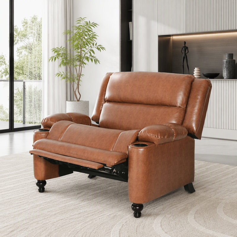 Large fauteuil inclinable manuel en faux cuir avec porte-gobelets et dossier réglable, Brun