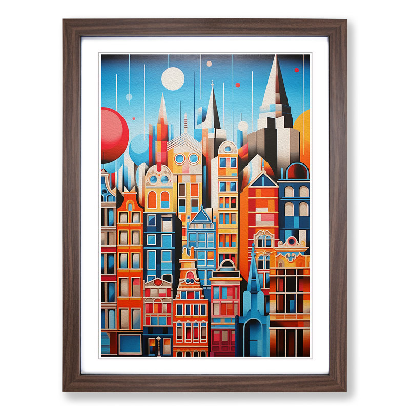 XYZ-FRM-V1223-1797 Amsterdam Geometric - Single Picture Frame Print on Wood, Walnut, 64cm H x 46cm W x 2cm D
