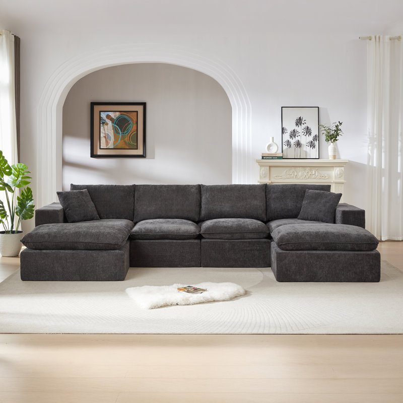 Canapé modulaire rembourré modulaire en chenille désossée à compression, sans assemblage, Gris foncé, Forme en U (6 places)