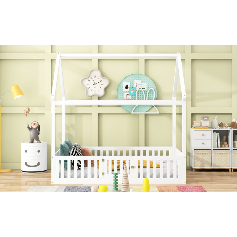 Lit double en bois pleine grandeur avec clôture, porte blanche, Full, White
