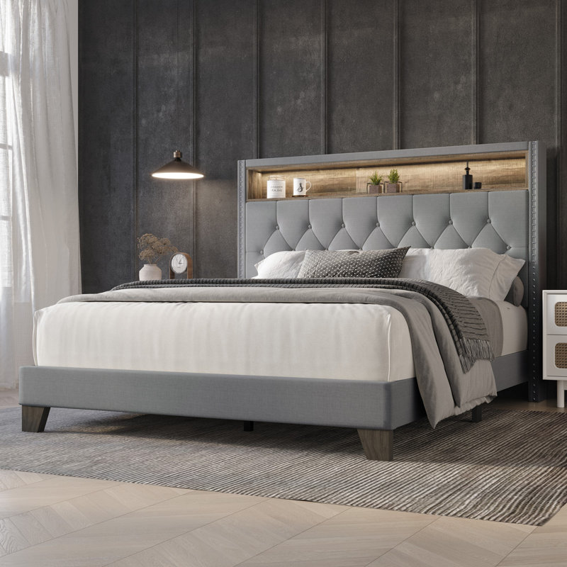 Fording Upholstered Bookcase Storage Bed, Light Gray, Twin