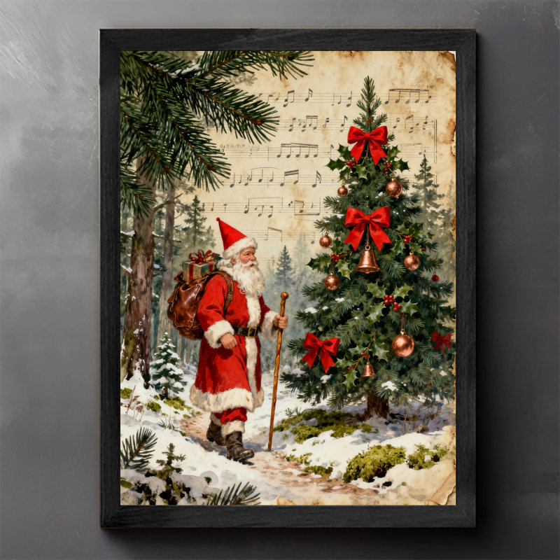 Art mural rétro noir avec père Noël et arbre de Noël, impressions de style rétro, H 11 po x l 9 po
