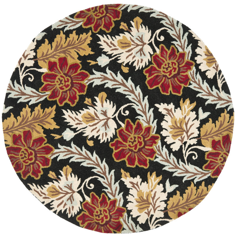 Emrick Hand Hooked Wool/Cotton/Latex Floral Rug in Black, Round 6'