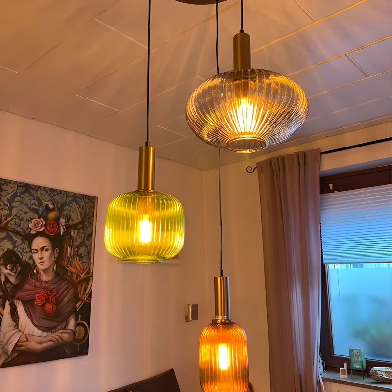 1 - Modern Gold Copper Chandelier Pendant Light – Ribbed Glass Jar Shade, LED Ceiling Light Fixture with E27 Socket, Green