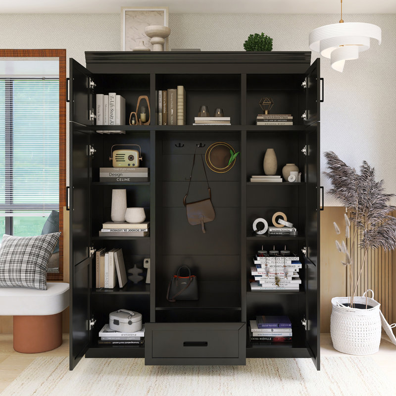 85.2 Inch Hall Tree With 3 Hooks, 4 Doors And 1 Drawer, Black