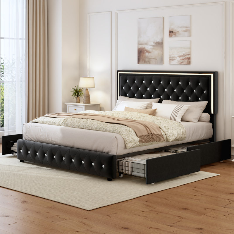 LED Bed Frame with 4 Storage Drawers, Adjustable Height Upholstered Headboard Beds, Queen, Velours noir