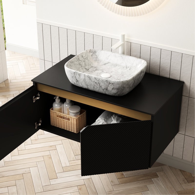 Meuble-lavabo de 36 po avec lavabo vasque en marbre blanc, plateau en pierre frittée noire et mécanisme de fermeture à système de fermeture en douceur