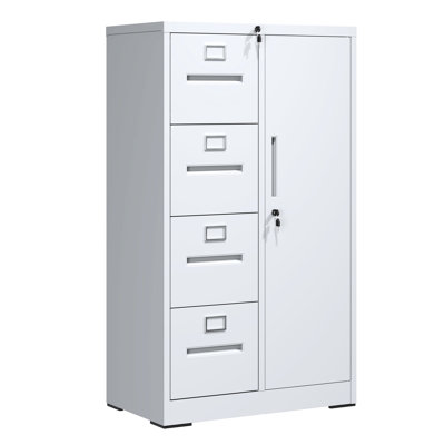 White Metal Storage Cabinet With 4 Drawers And 1 Door For Living Room Office - Smooth Drawer Opening, Silent Tracks, Secure Locking
