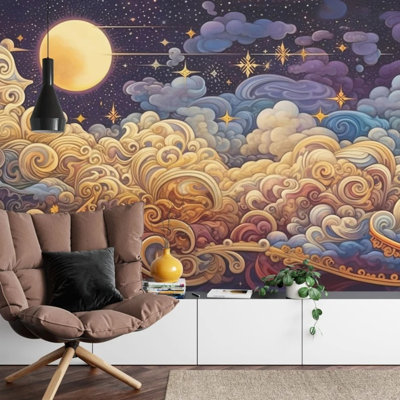 Golden Cloud Moon Starry Night Fantasy Wall Mural for Home Decor