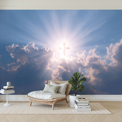 Peel and Stick Wallpaper 96" W x 69" H Modern Self Adhesive Wall Mural for Bedroom Christian cross appears bright sky