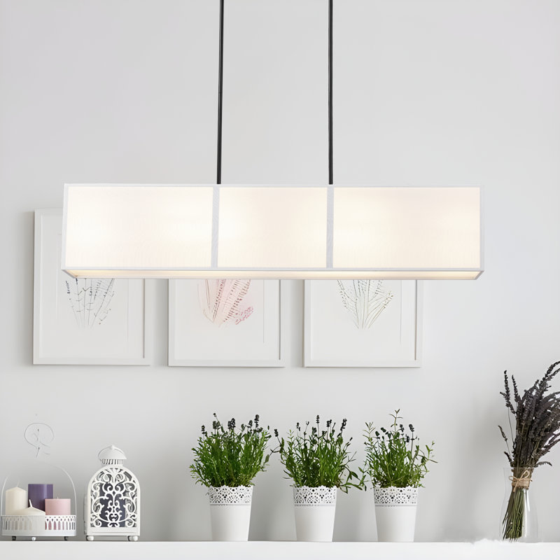 Lustre tambour 6 lumières en tissu rectangulaire avec diffuseur de fond, Noir satiné, H 53 po x l 47,63 po x P 9,84 po