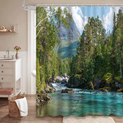 Mountain River Mountains Forest Green Shower Curtain with 12 Hooks