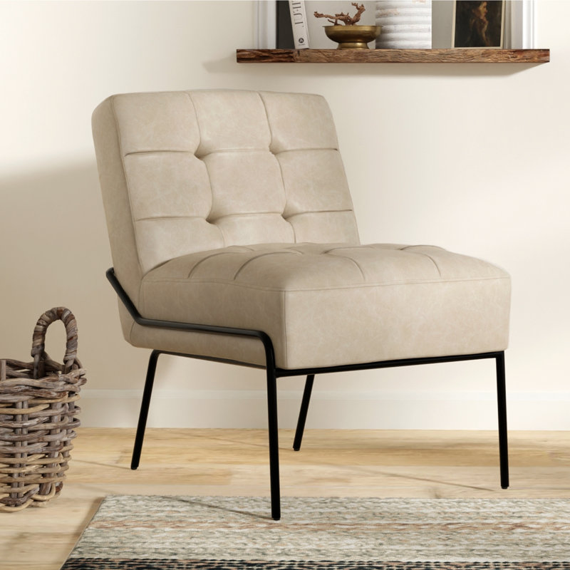 Schaible Leather Tufted Armless Side Chair, Bone Faux Leather