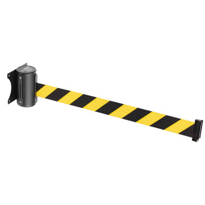 Support mural Crowd Control avec ceinture rétractable à chevrons jaune et noire de 8 pi avec système de freinage sécuritaire et bouton de verrouillage