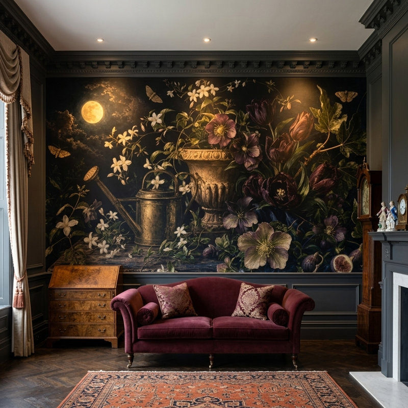 Papier peint nature morte botanique, fresque murale jardin au clair de lune., 140"x108", Non-Woven Nonpasted
