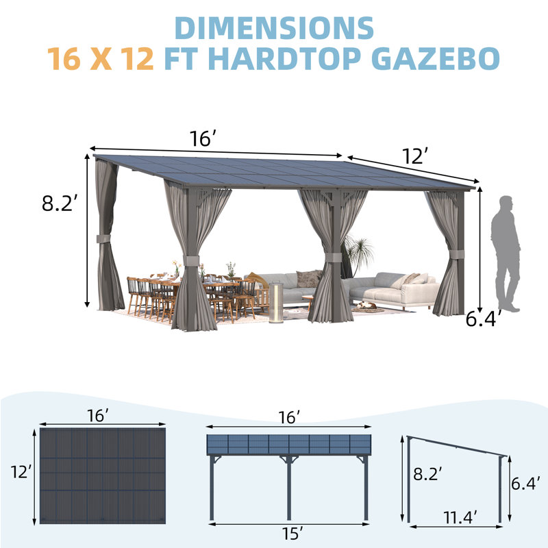Lean-To Wall-Mounted Pergolas With Curtains And Netting, 96" H x 192" W x 144" D