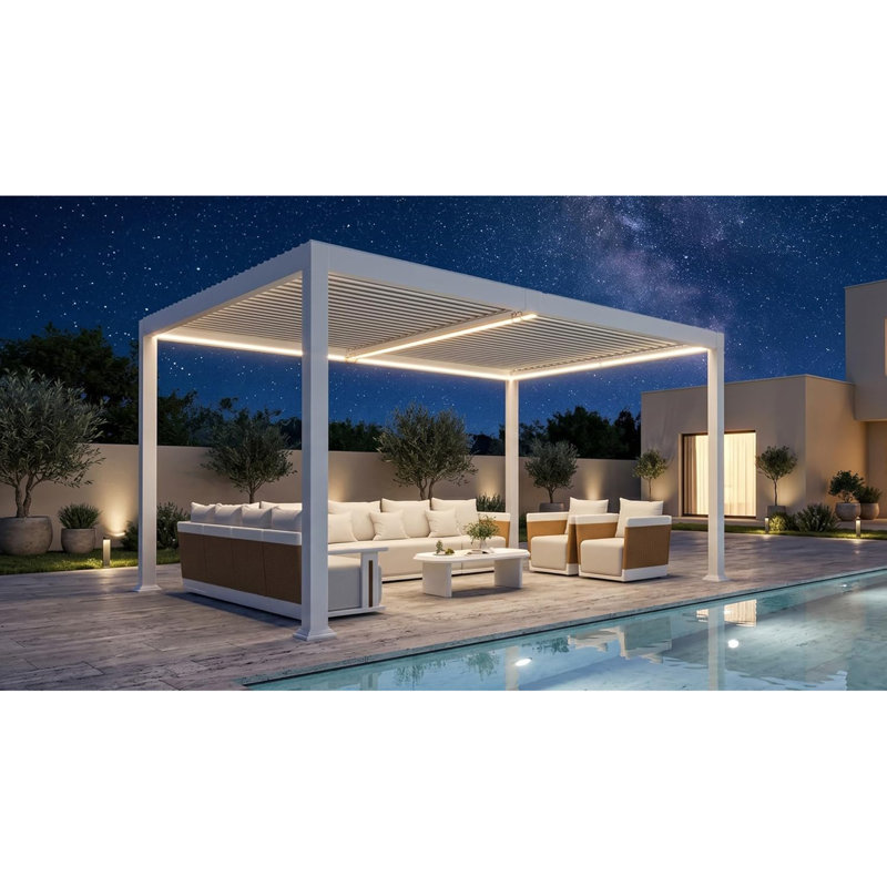 PURPLE LEAF Louvered Pergola 13' x 15' Aluminum White Pergola with Solar LED Adjustable Rainproof Roof Hardtop Gazebo for Patio Deck Garden