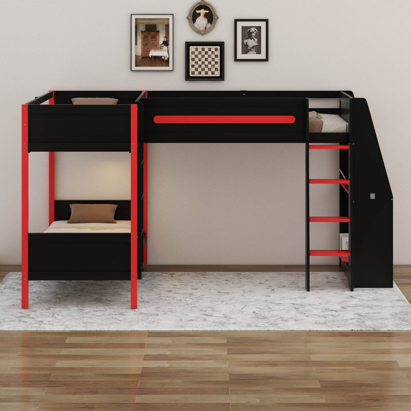 Lit superposé simple en forme de L avec lit mezzanine simple, bureau intégré, tablettes et DEL