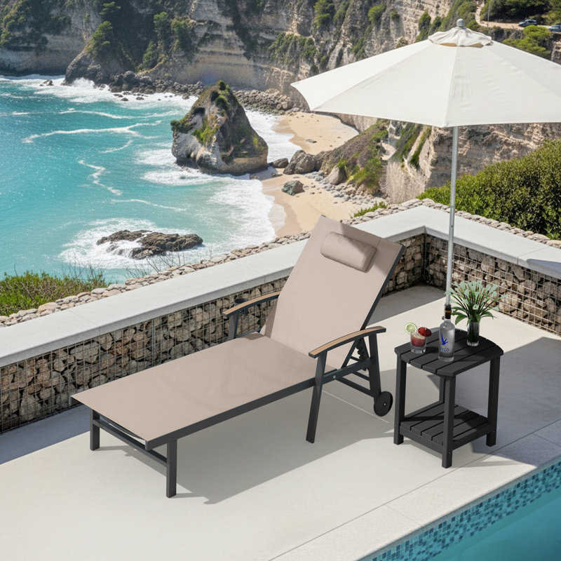 Chaise longue d'extérieur ajustable pour terrasse avec roulettes et accoudoirs, Kaki