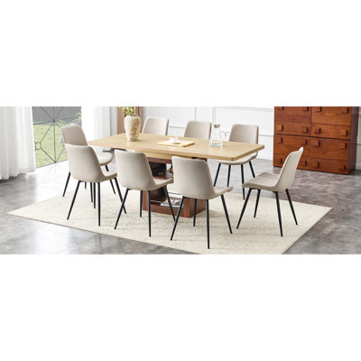 8 - Piece Dining : 59 71 Inch Telescopic Table, Warm Gray Artificial Pu Chairs, Curved Cushion Design, Storage Base, Stable Metal Legs For Casual Table And Chair With Pull Out, Widened Cushions,
