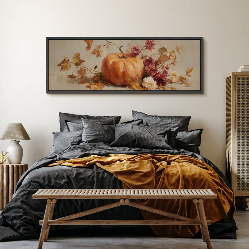 Grande impression sur toile encadrée, reproduction de citrouille rétro pour automne rustique, H 20 po x l 60 po, Noir