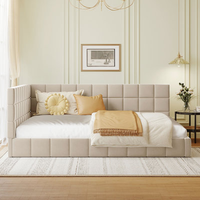 Beige Daybed/ Bed Upholstered Full Size - Modern Classic Look, Enhances Home, With Slats Kit Velvet Elegance, Fits Home , Support