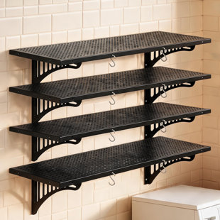 Garage and Workshop Storage 4 Pack Classic Black Metal Wall Mounted Floating Shelves with Built-in Hooks for Tool Organization