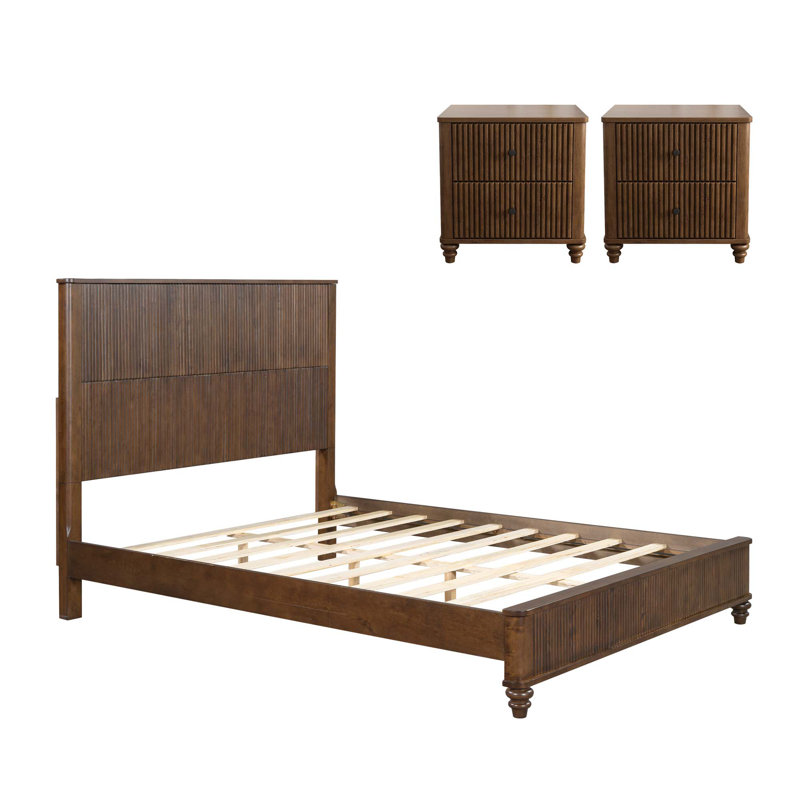 Sawyer Solid Wood Fluted Queen Bedroom Set with 2 Nightstands, Walnut Brown, Queen, 3 Pieces : Bed, 2 Nightstands