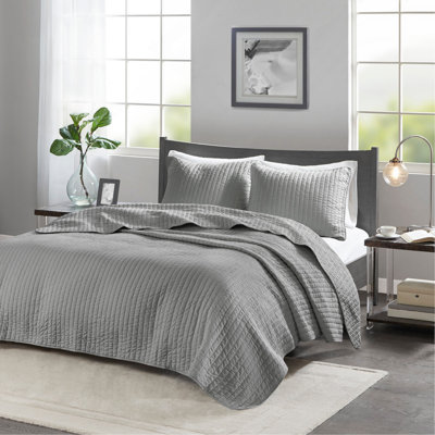 Ensemble de courtepointe réversible gris 2 pièces pour lit simple TG avec traitement antimicrobien et bourre en coton douillet