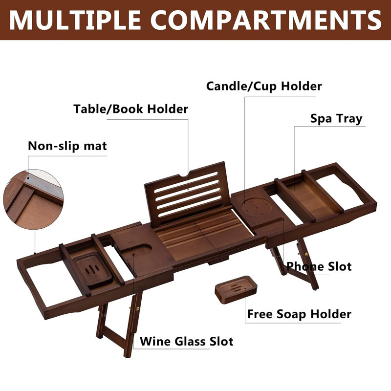 Plateau de baignoire Plateau de baignoire extensible en bambou naturel de 29,5 po à 43 po avec pieds pliables