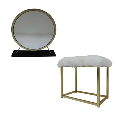 Adao Vanity Mirror & Stool, Faux Fur, Mirror, Black & Brass Finish